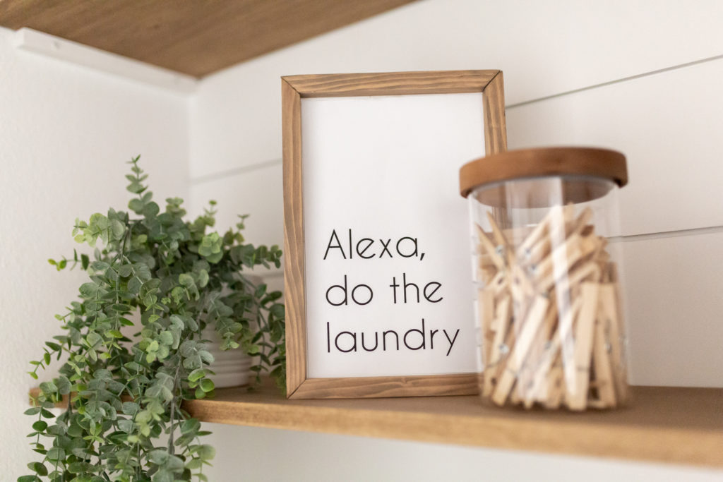 Laundry room makeover - Alexa, do the laundry! I wish. Quick DIY sign made with scrap wood. 