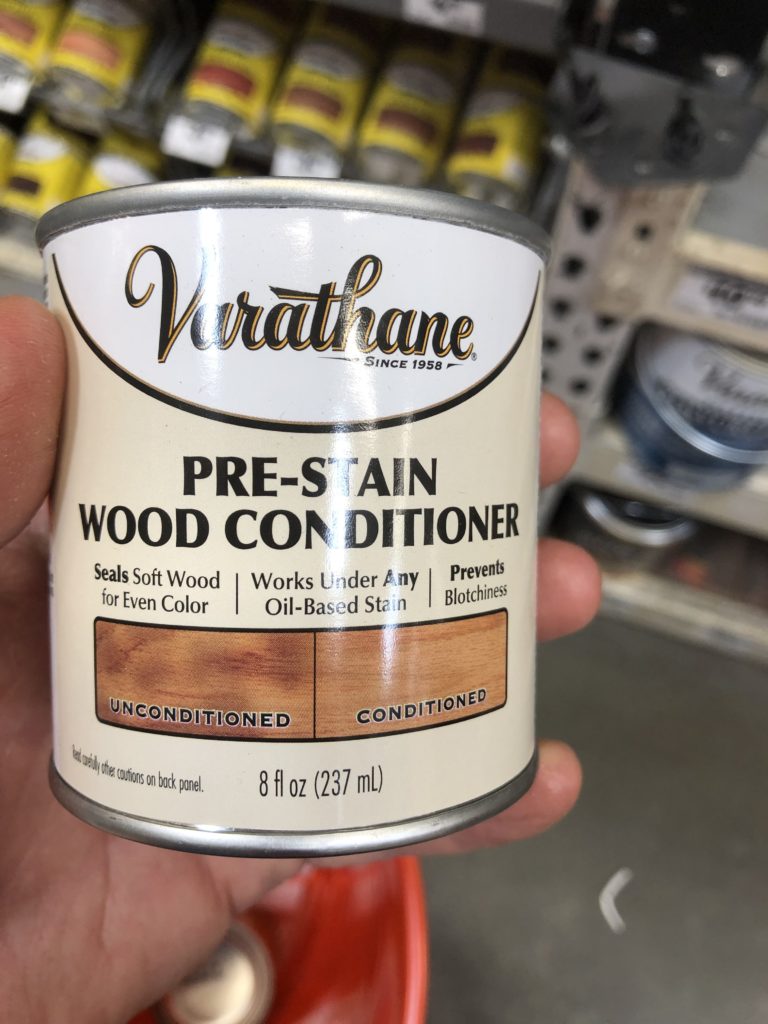 My favorite Pre-stain wood conditioner by Verathane from home depot. A little goes a long way.